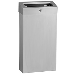 Wall-mounted or freestanding waste bin with open lid and brushed stainless steel lock